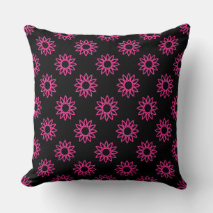 Geometric Flower 01 - Hot Pink on Black Throw Pillow