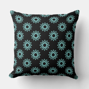 Geometric Flower 01 - Ice Blue on Black Throw Pillow