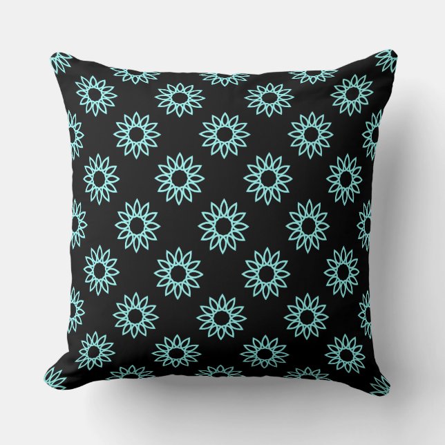 Geometric Flower 01 - Ice Blue on Black Throw Pillow (Front)