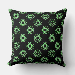 Geometric Flower 01 - Mint Green on Black Throw Pillow