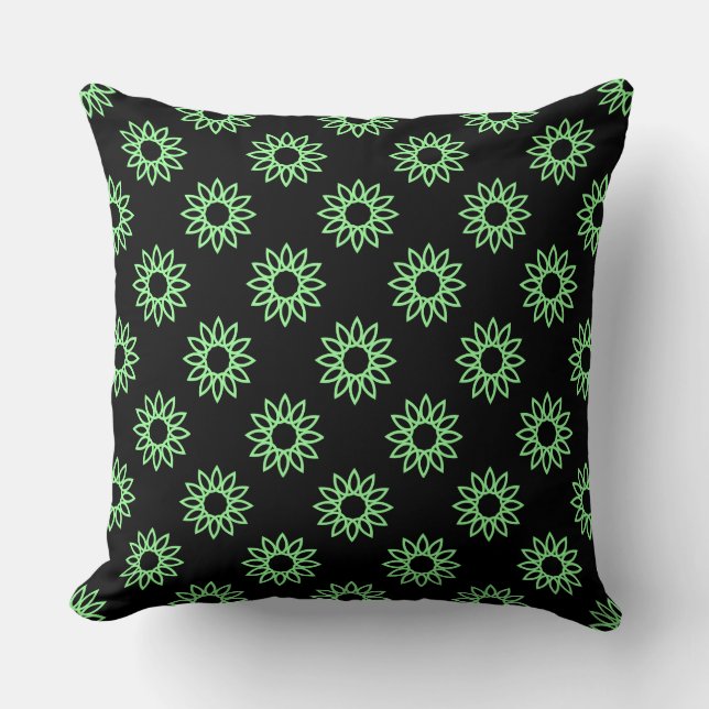 Geometric Flower 01 - Mint Green on Black Throw Pillow (Front)