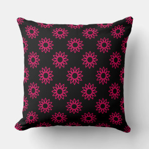 Geometric Flower 01 - Neon Red on Black Throw Pillow