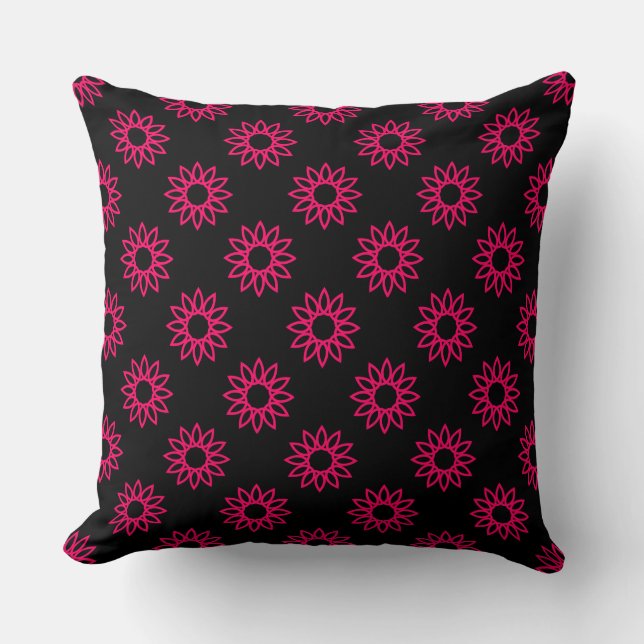 Geometric Flower 01 - Neon Red on Black Throw Pillow (Front)