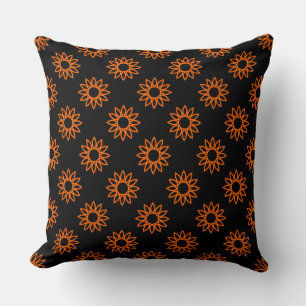 Geometric Flower 01 - Orange on Black Throw Pillow