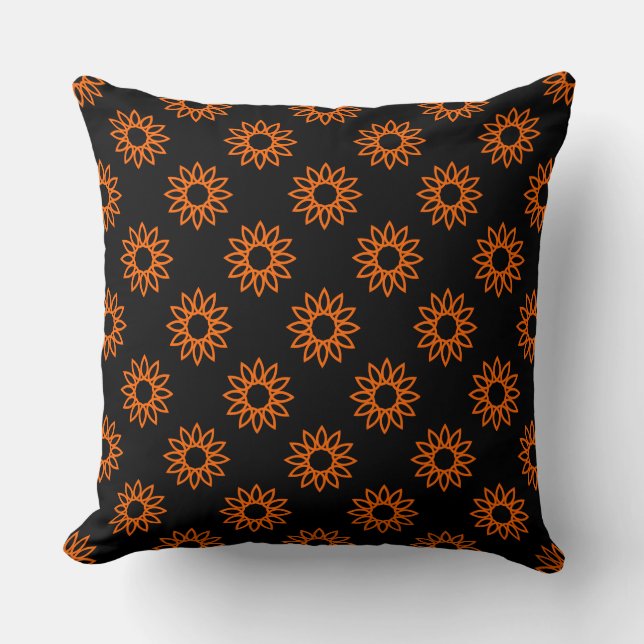 Geometric Flower 01 - Orange on Black Throw Pillow (Front)