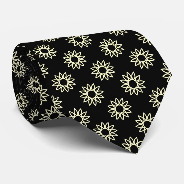 Geometric Flower 01 - Pale Yellow on Black Tie (Rolled)