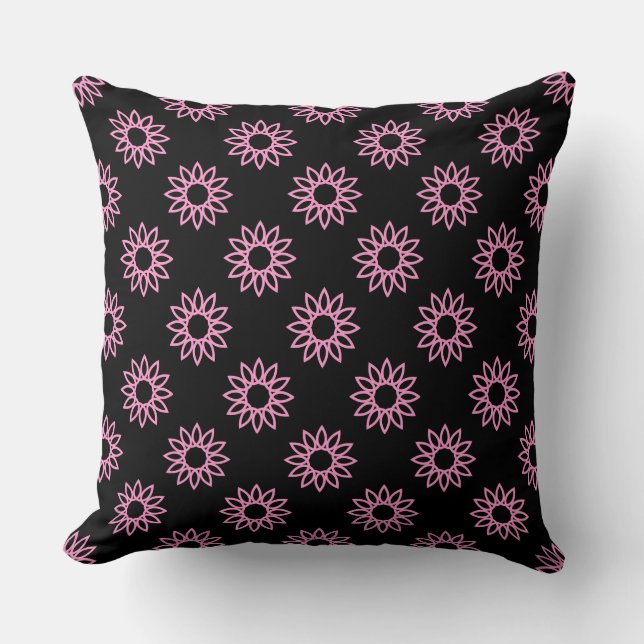 Geometric Flower 01 - Pink on Black Throw Pillow (Front)