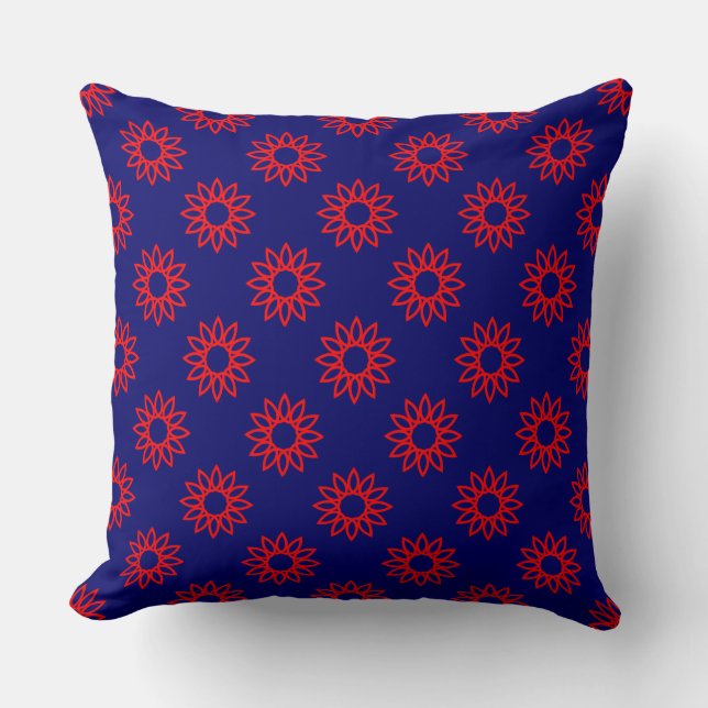 Geometric Flower 01 - Red on Deep Navy Throw Pillow (Front)