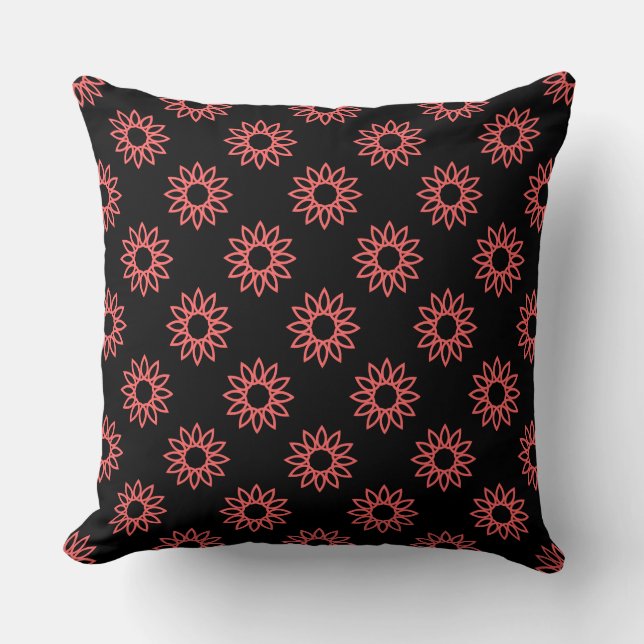 Geometric Flower 01 - Tropical Pink on Black Throw Pillow (Front)