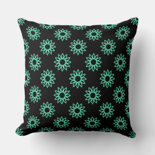 Geometric Flower 01 - Turquoise on Black Throw Pillow