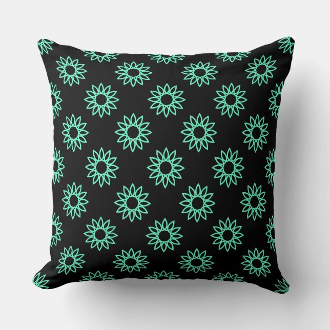Geometric Flower 01 - Turquoise on Black Throw Pillow (Front)