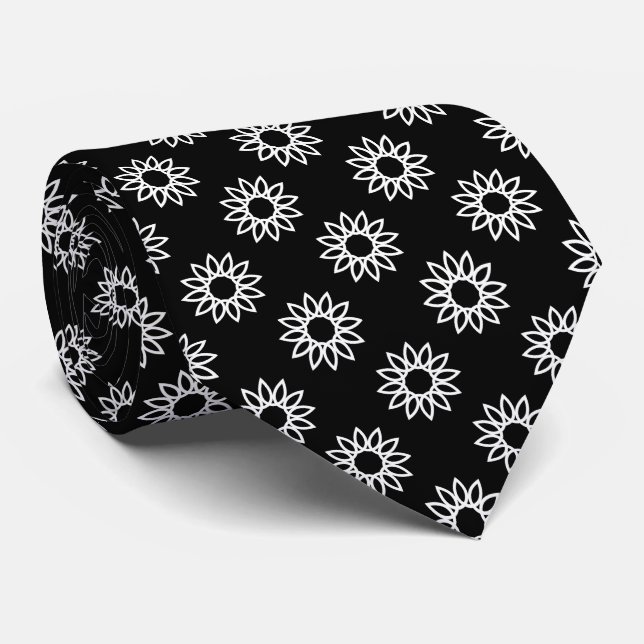 Geometric Flower 01 - White on Black Tie (Rolled)