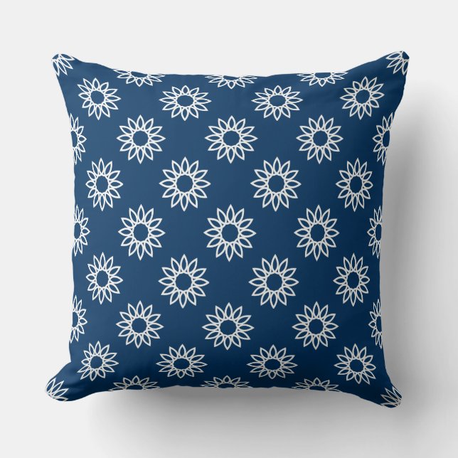 Geometric Flower 01 - White on Shibori Blue Throw Pillow (Front)