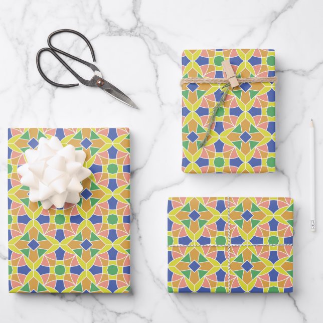 Geometric Flower Ornament Colourful Pattern Wrapping Paper Sheet (Front)