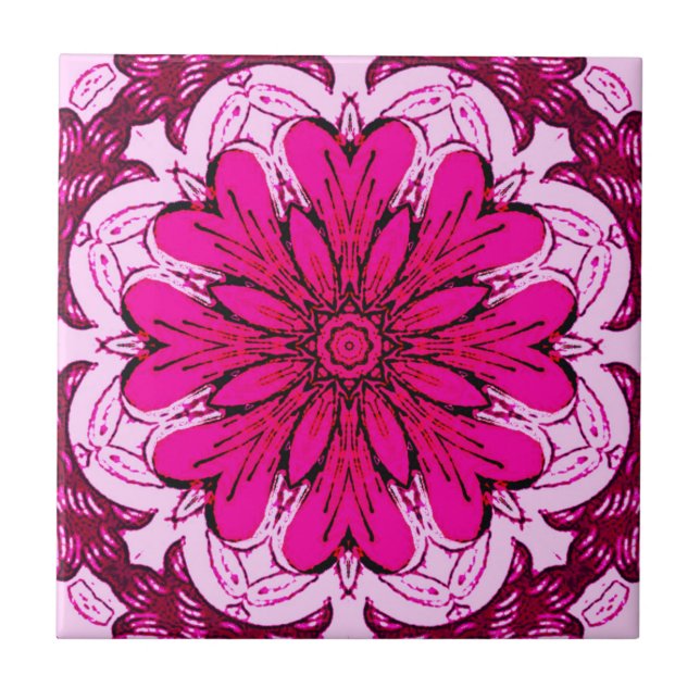Geometric Flower Pattern in Burgundy & Magenta  Tile (Front)