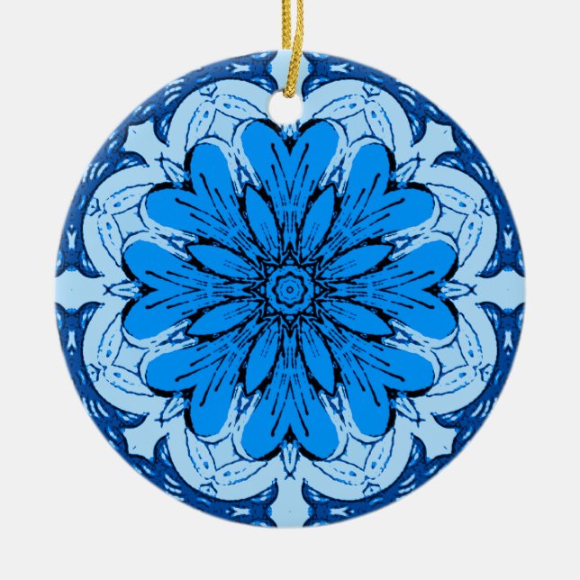 Geometric Flower Pattern in Cerulean & Light Blue Ceramic Ornament (Front)