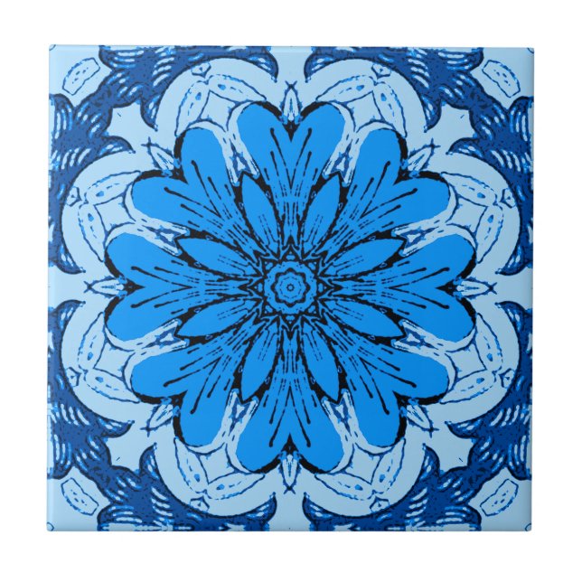 Geometric Flower Pattern in Cerulean & Light Blue Tile (Front)