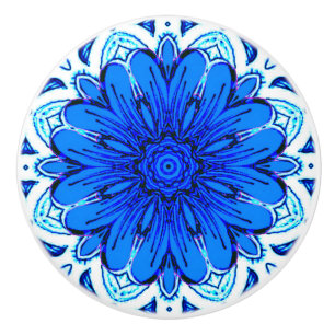Geometric Flower Pattern in Cobalt Blue and Navy  Ceramic Knob