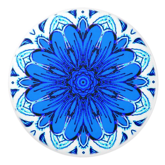 Geometric Flower Pattern in Cobalt Blue and Navy  Ceramic Knob (Front)
