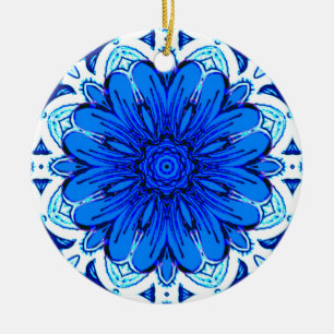Geometric Flower Pattern in Cobalt Blue and Navy   Ceramic Ornament