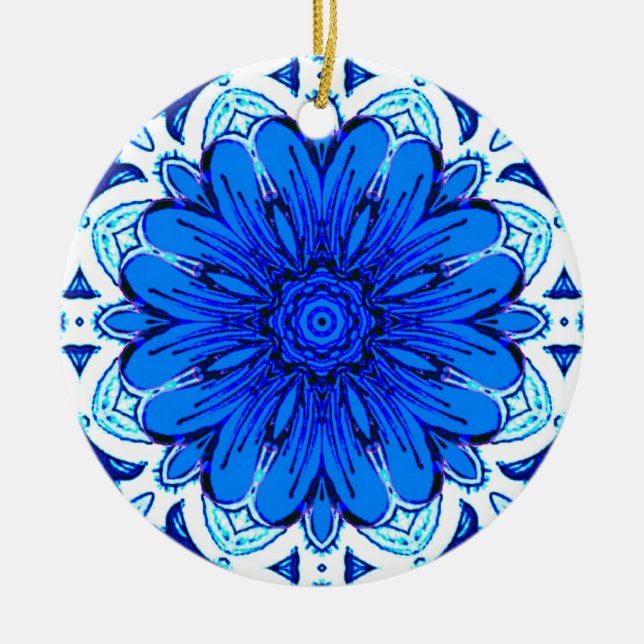 Geometric Flower Pattern in Cobalt Blue and Navy   Ceramic Ornament (Front)