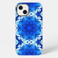 Geometric Flower Pattern in Cobalt Blue and Navy