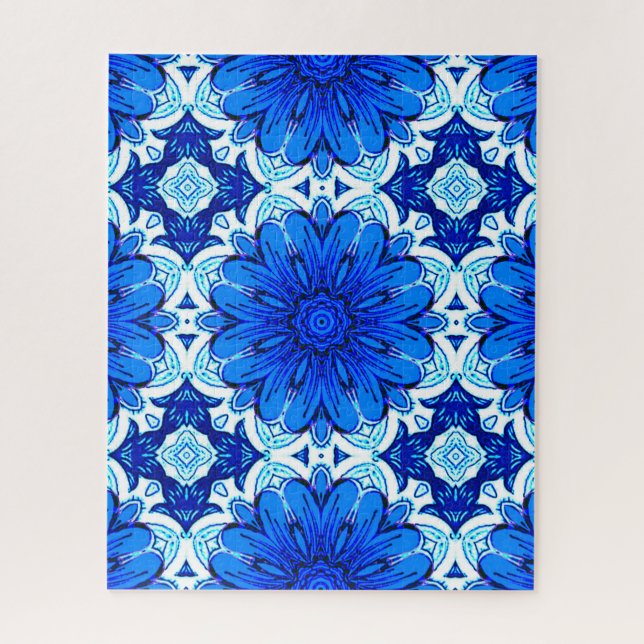 Geometric Flower Pattern in Cobalt Blue and Navy Jigsaw Puzzle (Vertical)