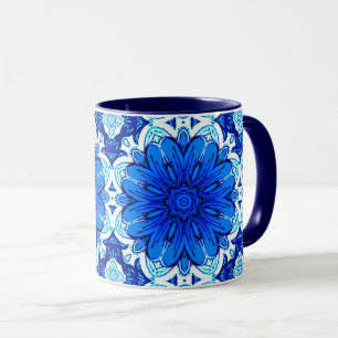 Geometric Flower Pattern in Cobalt Blue and Navy   Mug