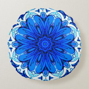 Geometric Flower Pattern in Cobalt Blue and Navy Round Pillow