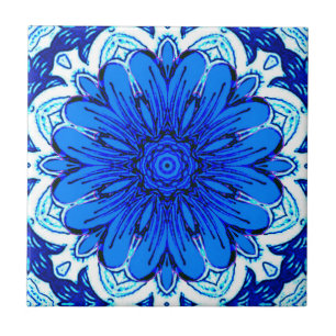 Geometric Flower Pattern in Cobalt Blue and Navy   Tile