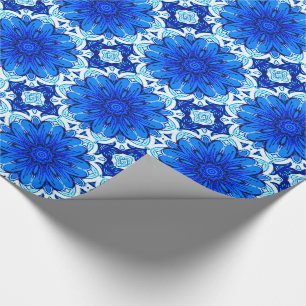 Geometric Flower Pattern in Cobalt Blue and Navy Wrapping Paper