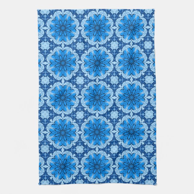 Geometric Flower Pattern in Shades of Denim Blue Kitchen Towel (Vertical)