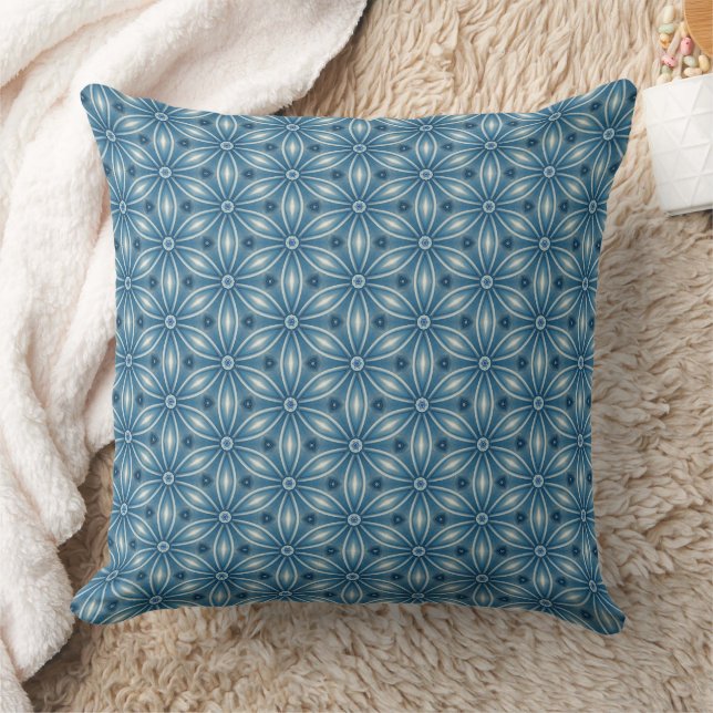 Geometric Flower Pattern / Shades Of Blue w/ White Throw Pillow (Blanket)