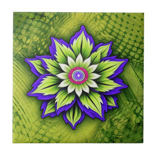 Geometric Flower with Purple and Green Petals Tile