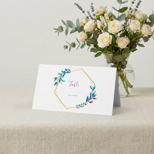 Geometric flower wreath. Green script table number Place Card (Geometric flower wreath. Green script table number Place Card.)