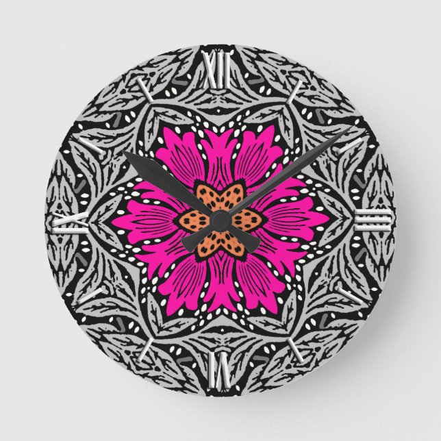 Geometric Flowers - Fuchsia Pink and Grey   Round Clock (Front)