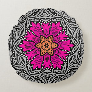 Geometric Flowers - Fuchsia Pink and Grey Round Pillow