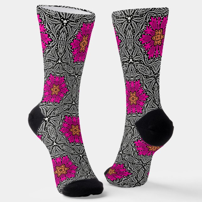 Geometric Flowers - Fuchsia Pink and Grey   Socks (Angled)