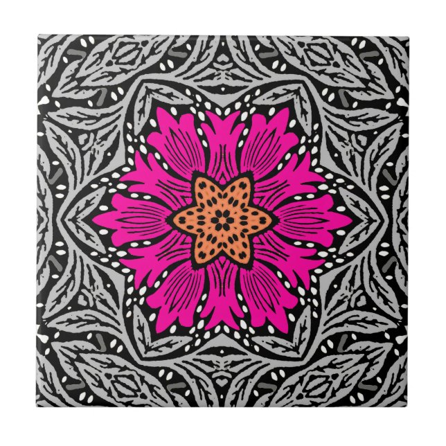 Geometric Flowers - Fuchsia Pink and Grey   Tile (Front)
