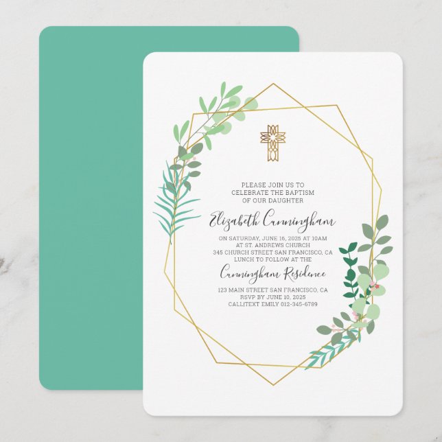 Geometric Foliage Gold Cross Baptism Invitation (Front/Back)