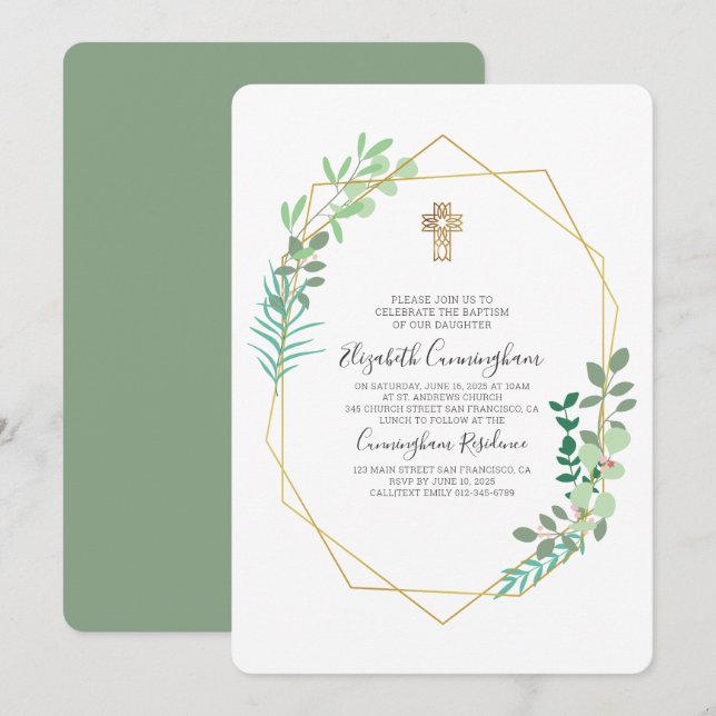 Geometric Foliage Gold Cross Baptism Invitation (Front/Back)