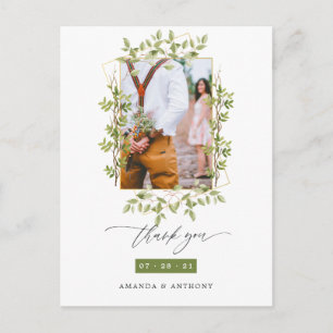 Geometric Forest Greenery Wedding Photo Thank You Postcard
