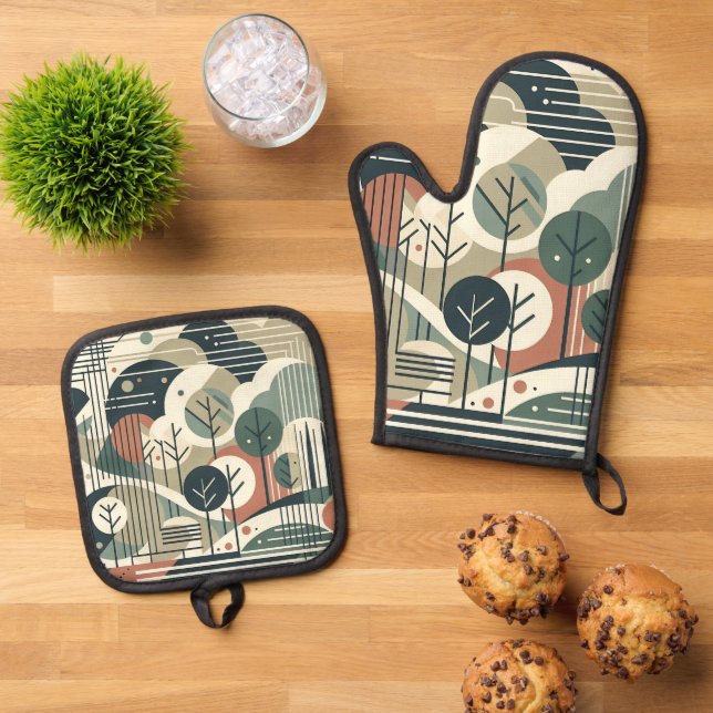 Geometric Forest Oven Mitt & Pot Holder Set (Top Down)