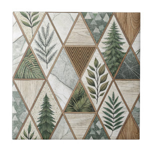 Geometric Forest Pine & Marble Leaf Tile Pattern