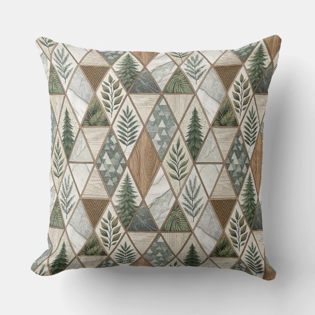 Geometric Forest Pine & Marble Leaf Tile Pattern Throw Pillow (Front)