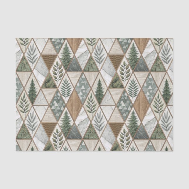Geometric Forest Pine & Marble Leaf Tile Pattern Tissue Paper (Front)