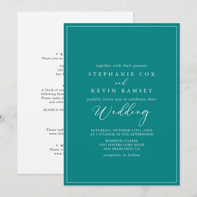 Geometric Formal Teal Idyllic Front & Back Wedding Invitation (Front/Back)