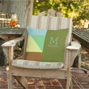 geometric forms in cool colours, monogrammed outdoor pillow