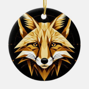 Geometric Fox Illustration With Golden Tones Ceramic Ornament