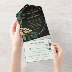 Geometric frame and green Black with Rsvp All In One Invitation